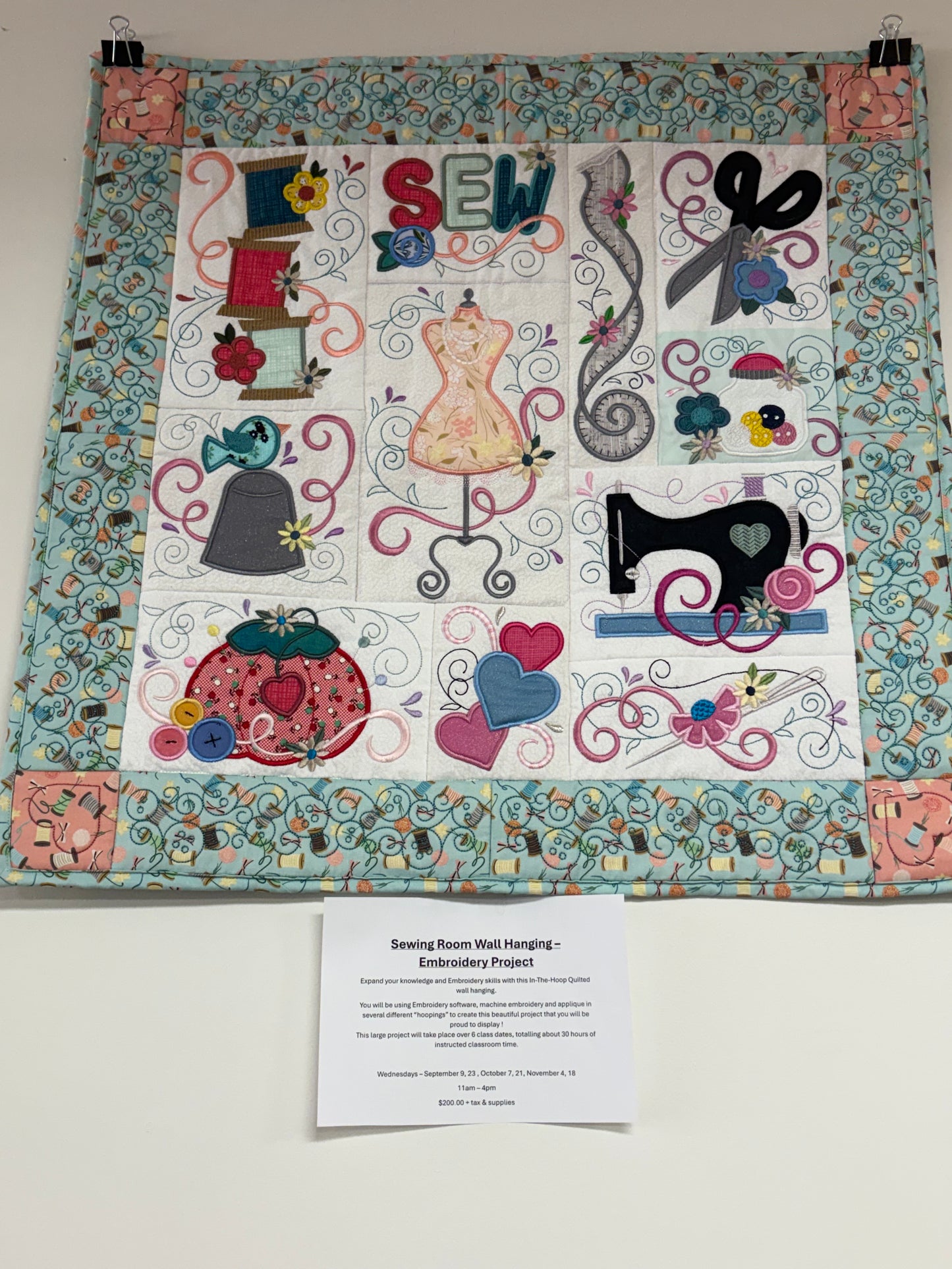 Sewing Room Wall Hanging - Embroidery Project - 6 day class