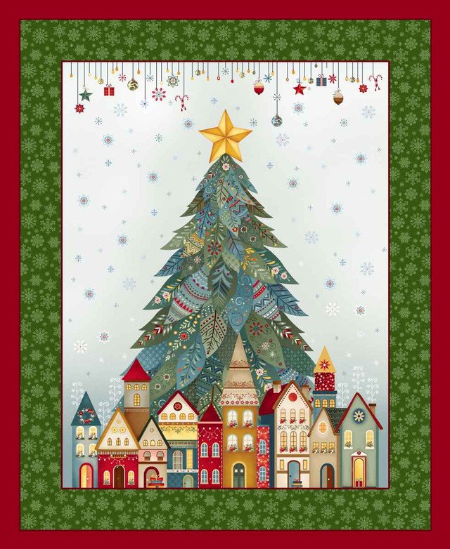 Nordic Holiday Village - Ice Blue Multi 36" Christmas Tree Panel