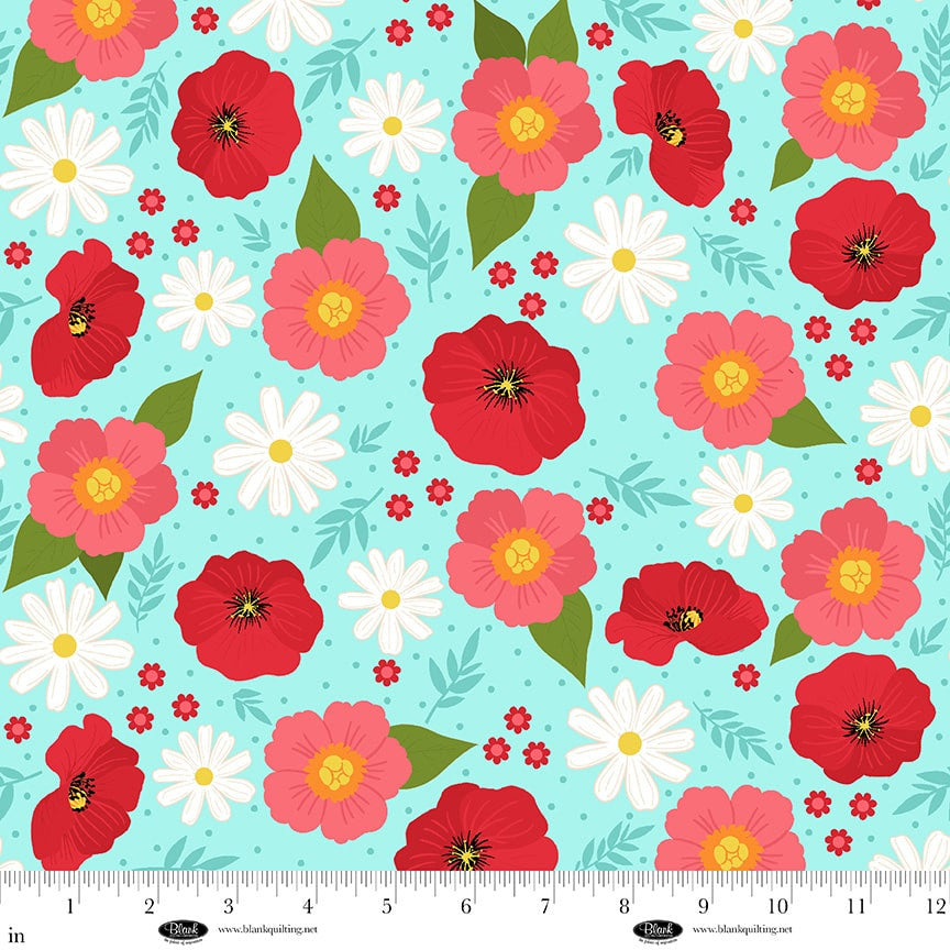 The Bright Side - Turquoise  - Daisy and Poppy Flowers