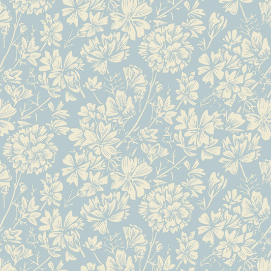 Cottage Flowers - Blue/Cream Mallow
