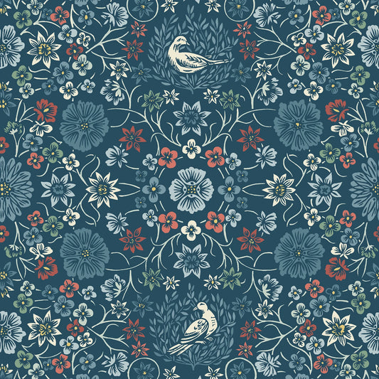 Cottage Flowers - Navy/Multi Cosmos & Clover